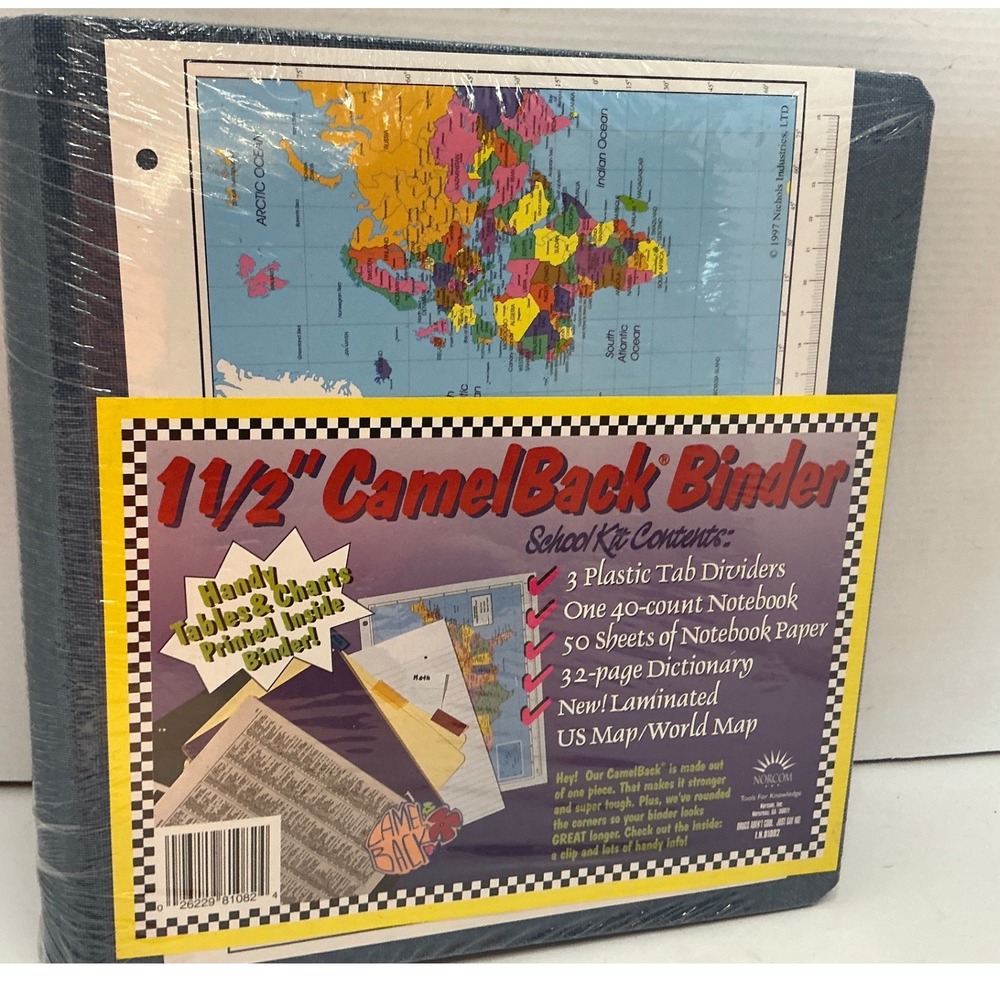 Norcom‎ Vintage 1997 CamelBack Binder School Kit Map Graphic Blue 1.5 Inch NWT